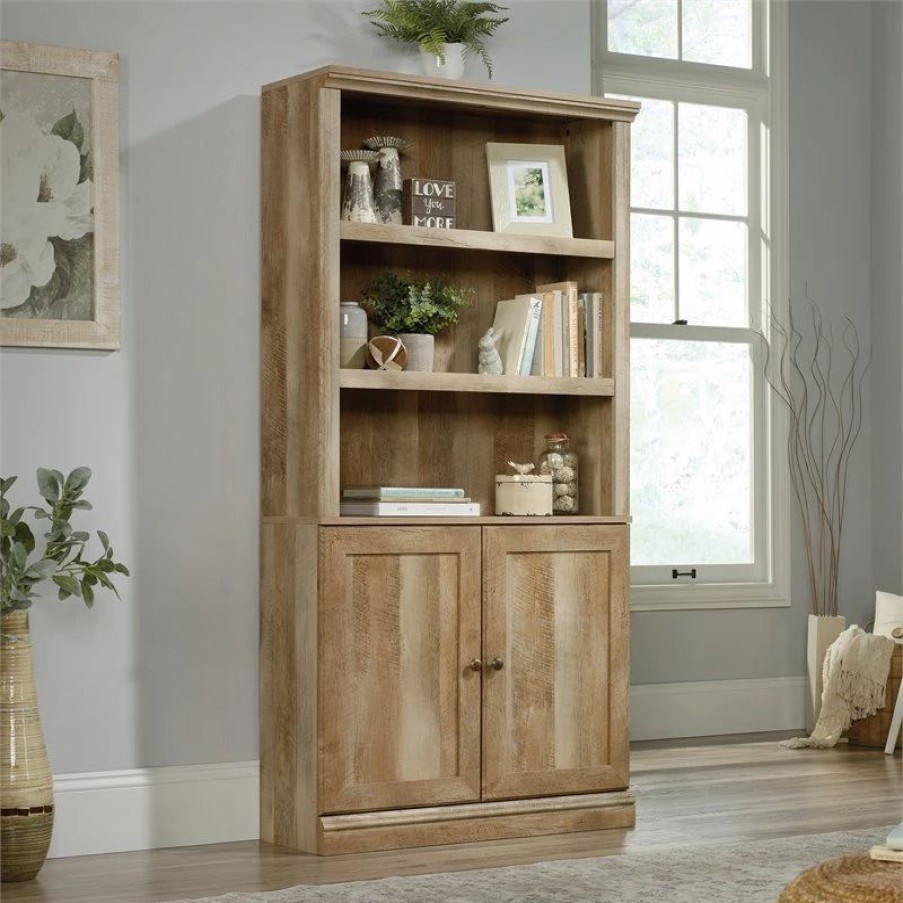 Shelving * | Sauder Misc Storage 3-Shelf 2-Door Tall Wood Bookcase In Lintel Oak