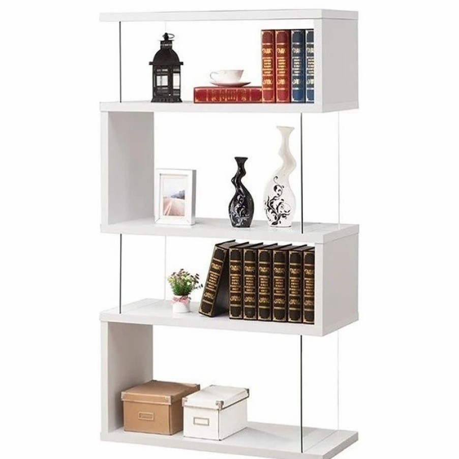 Shelving * | Bowery Hill Modern Glass 4 Shelf Asymmetrical Snaking Bookcase In Glossy White