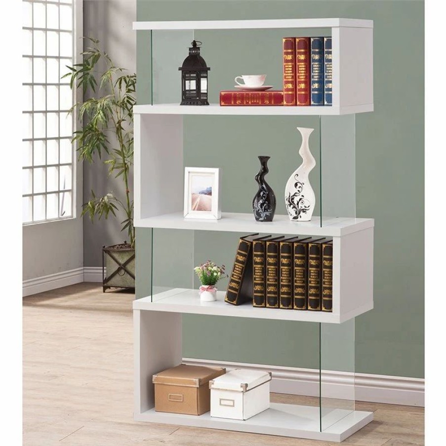 Shelving * | Bowery Hill Modern Glass 4 Shelf Asymmetrical Snaking Bookcase In Glossy White