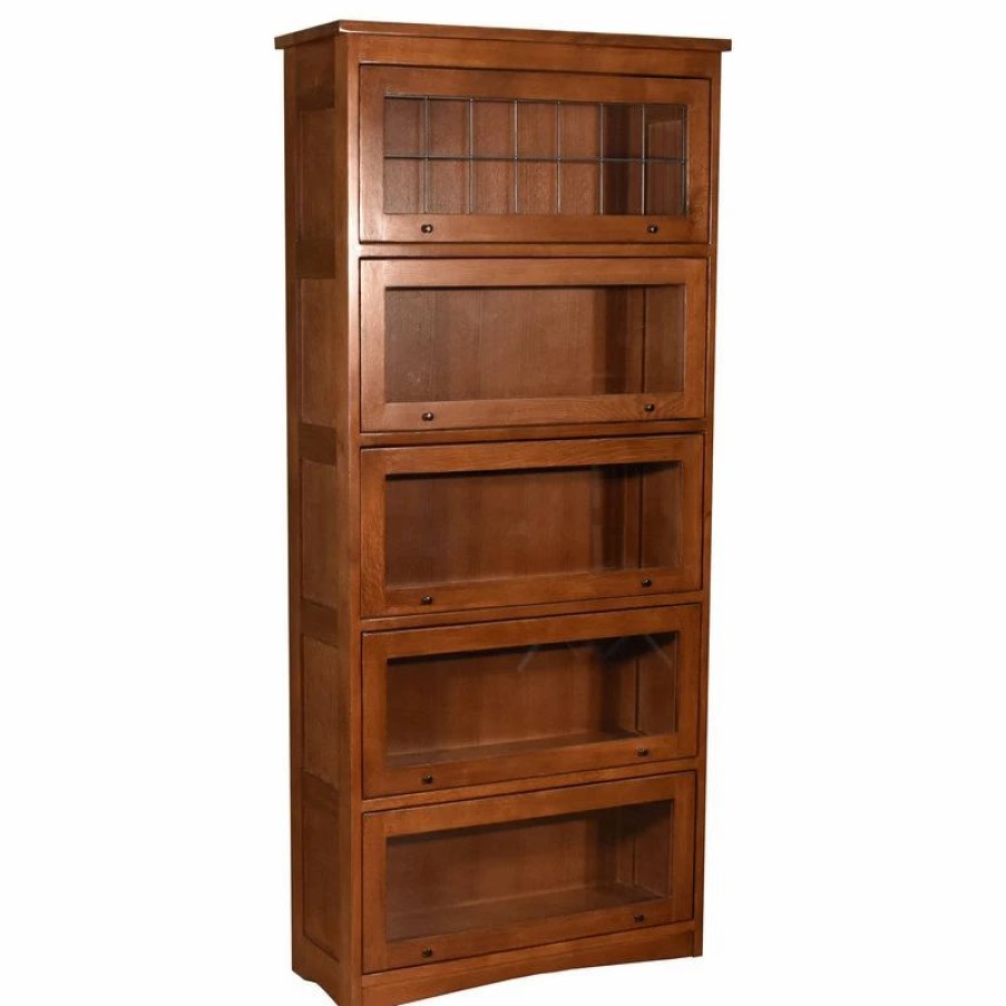 Shelving * | Crafters And Weavers Mission Craftsman Quarter Sawn Oak, Leaded Glass Barrister Bookcase, 5-Shelf