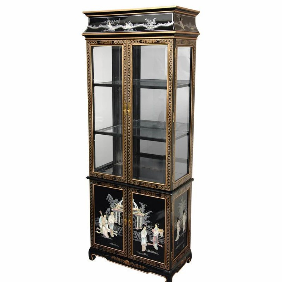 China Cabinets & Hutches * | Oriental Furniture Lacquer Curio Cabinet, Black Mother Of Pearl Ladies