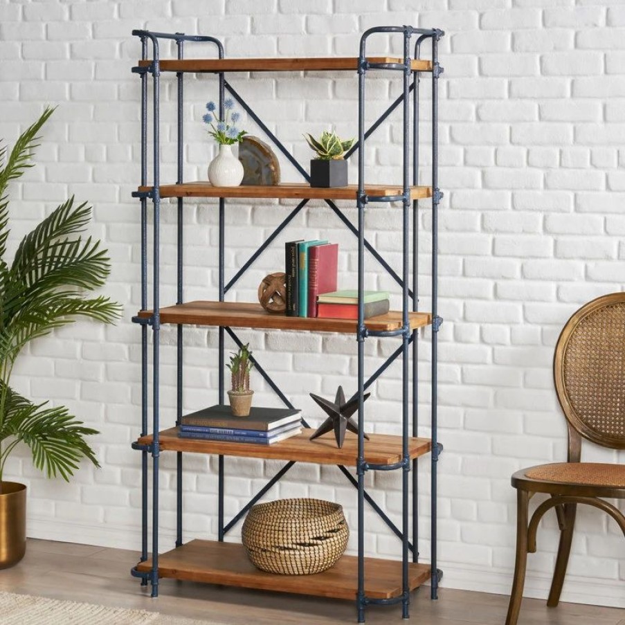 Shelving * | Gdfstudio Mercia Industrial 5 Shelf Firwood Bookcase