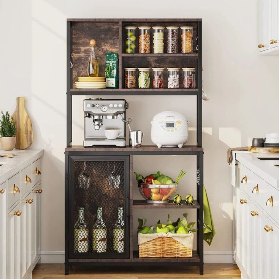 Shelving * | Tribesigns Bakers Rack Hutch, Kitchen Rack With Wine Cabinet And Glass Holder