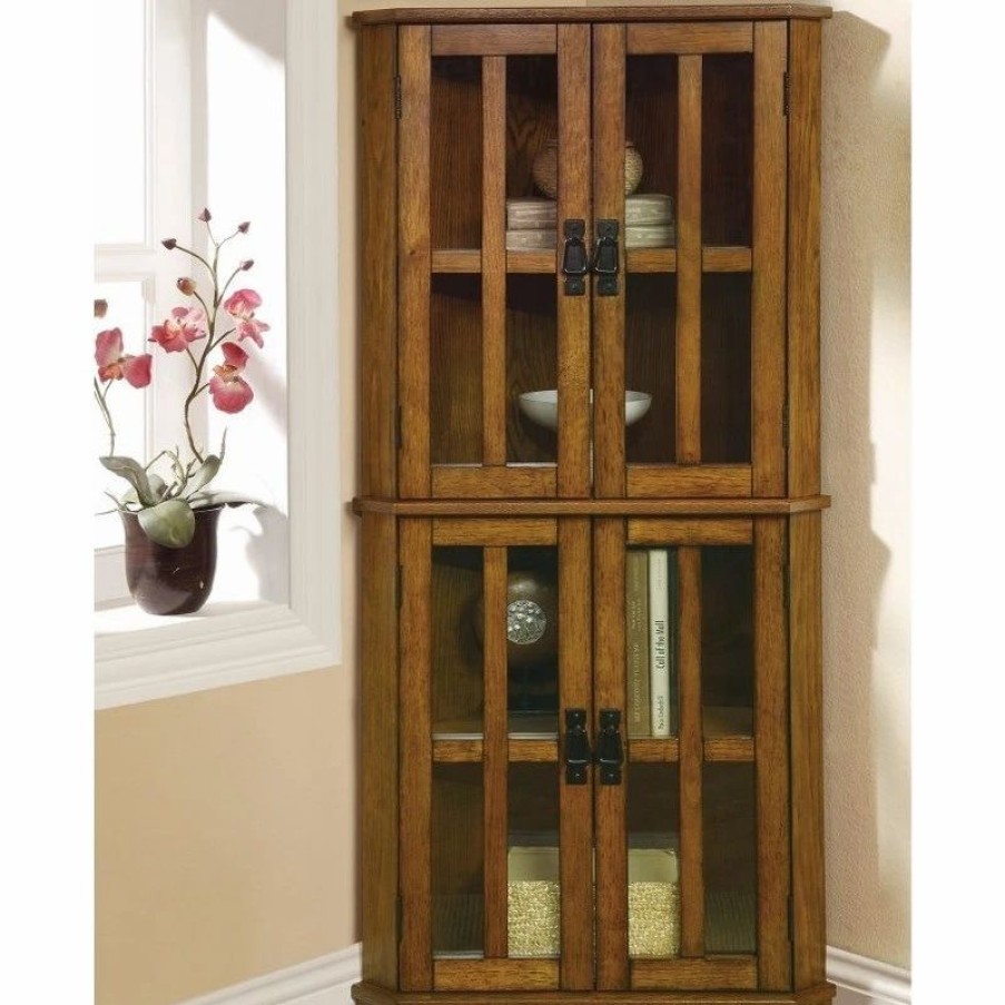 China Cabinets & Hutches * | Benzara, Woodland Imprts, The Urban Port Corner Curio Cabinet With Windowpane-Style Door Fronts, Brown