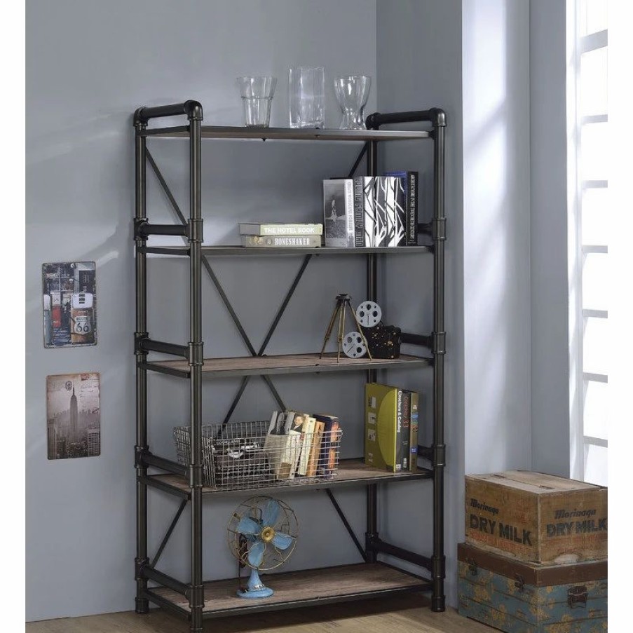 Shelving * | Acme Furniture Caitlin Bookshelf, Rustic Oak And Black Finish