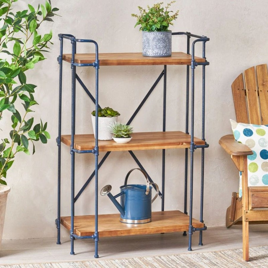 Shelving * | Gdfstudio Denise Industrial Outdoor 3-Tier Shelf, Natural And Black