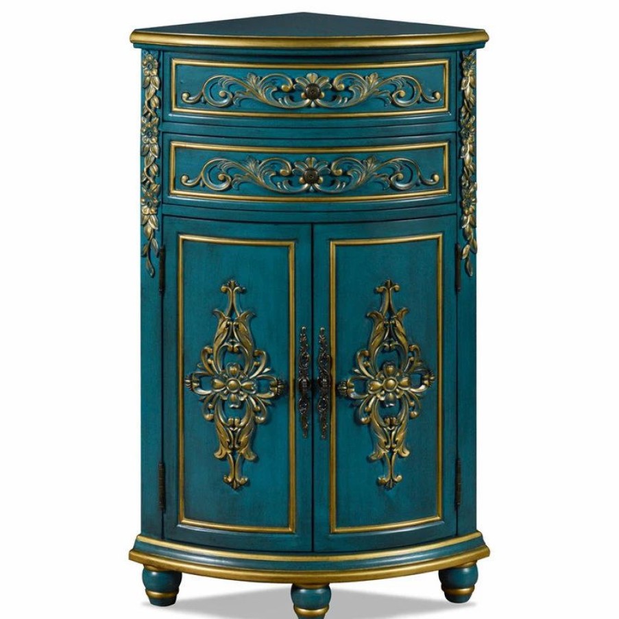 Accent Chests & Cabinets * | China Furniture And Arts Aquamarine Blue And Gold French Style Oriental Round Corner Cabinet