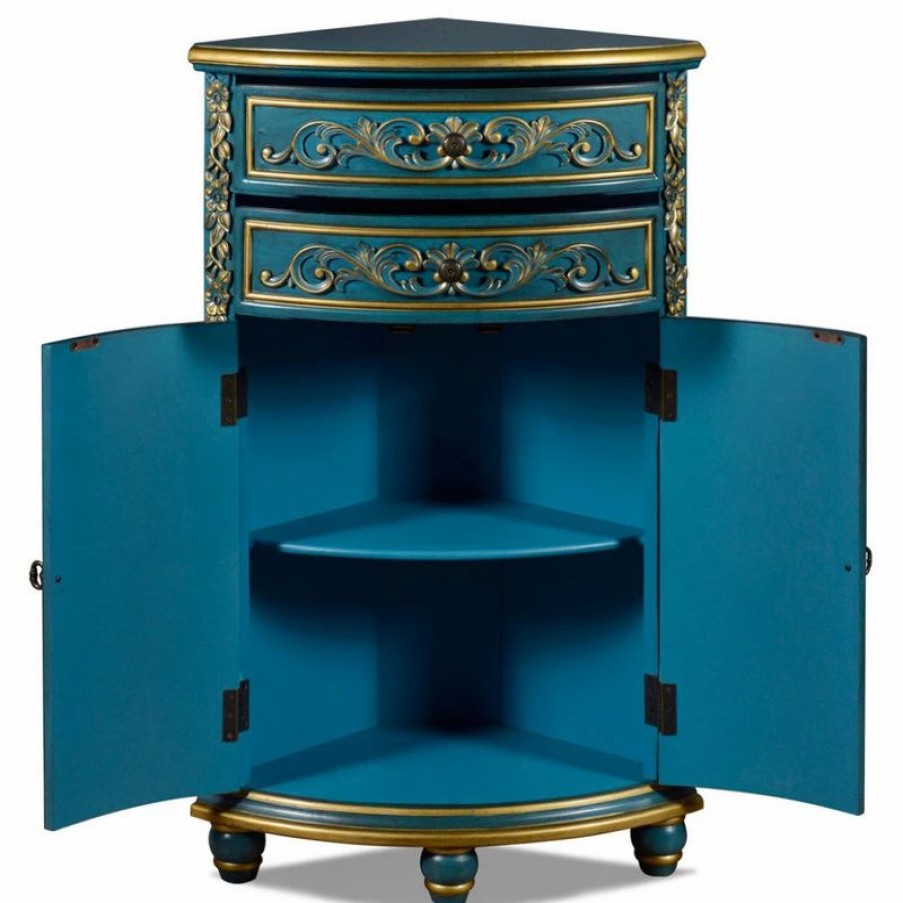 Accent Chests & Cabinets * | China Furniture And Arts Aquamarine Blue And Gold French Style Oriental Round Corner Cabinet