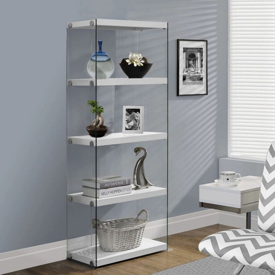 Shelving * | Monarch Modern Tempered Glass Bookshelf With White And Clear Finish I 3289