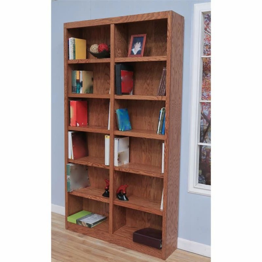 Shelving * | Concepts In Wood Traditional 84 Tall 12-Shelf Double Wide Wood Bookcase In Dry Oak