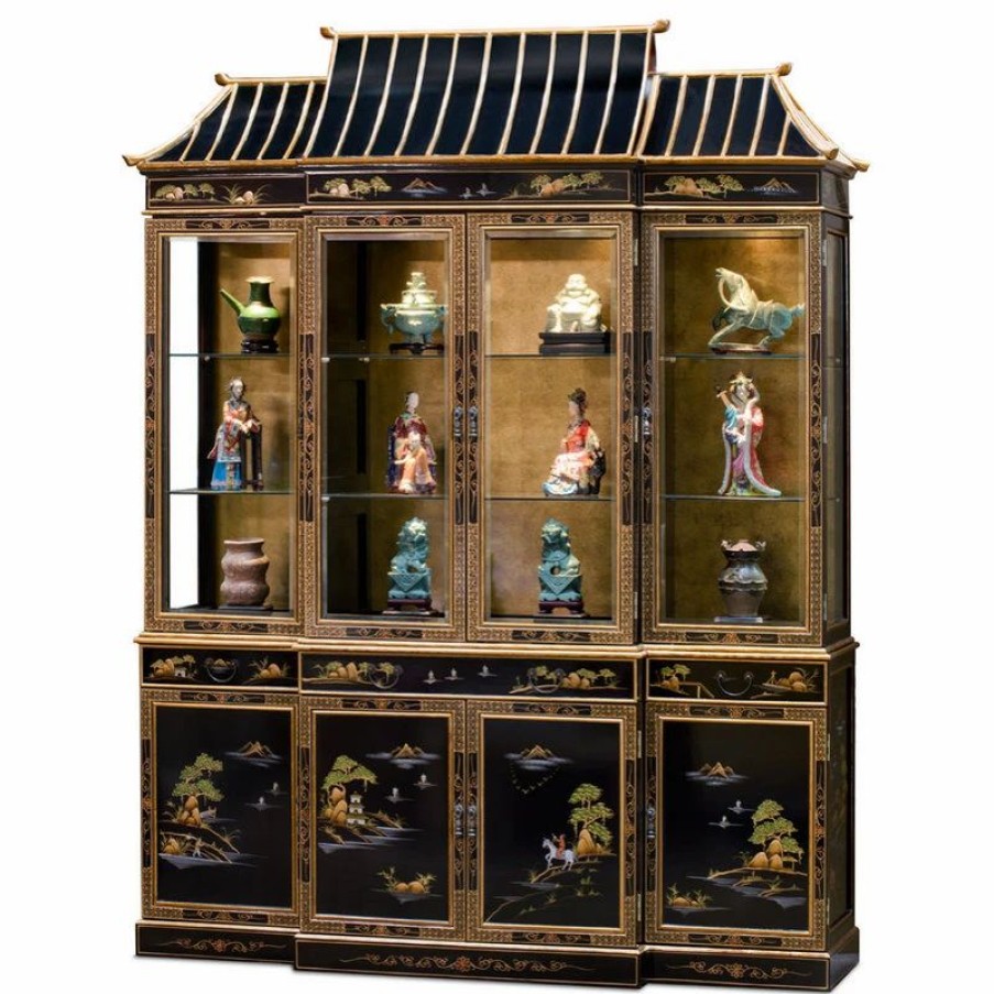 China Cabinets & Hutches * | China Furniture And Arts 72In Black Lacquer Chinoiserie Pagoda Oriental China Cabinet