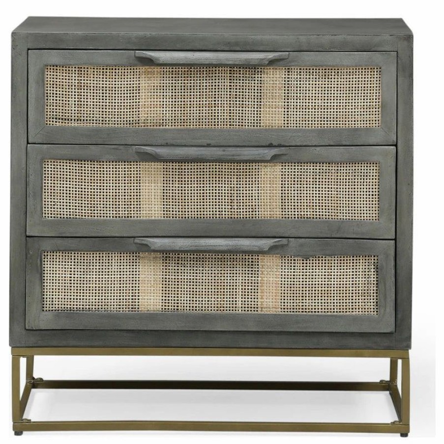 Accent Chests & Cabinets * | Gdfstudio Lithonia Wolfe Handcrafted Boho Mango Wood 3 Drawer Cabinet, Gray And Natural