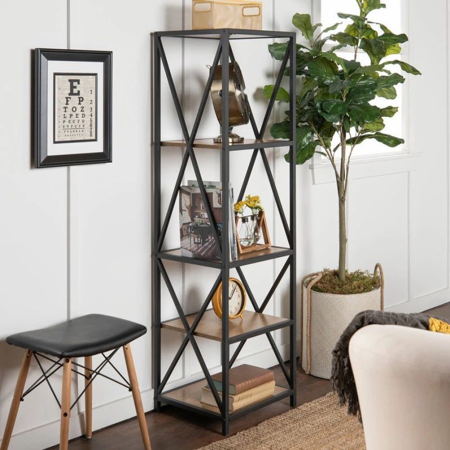 Shelving * | Walker Edison 61 Metal X Wood Bookshelf Barnwood