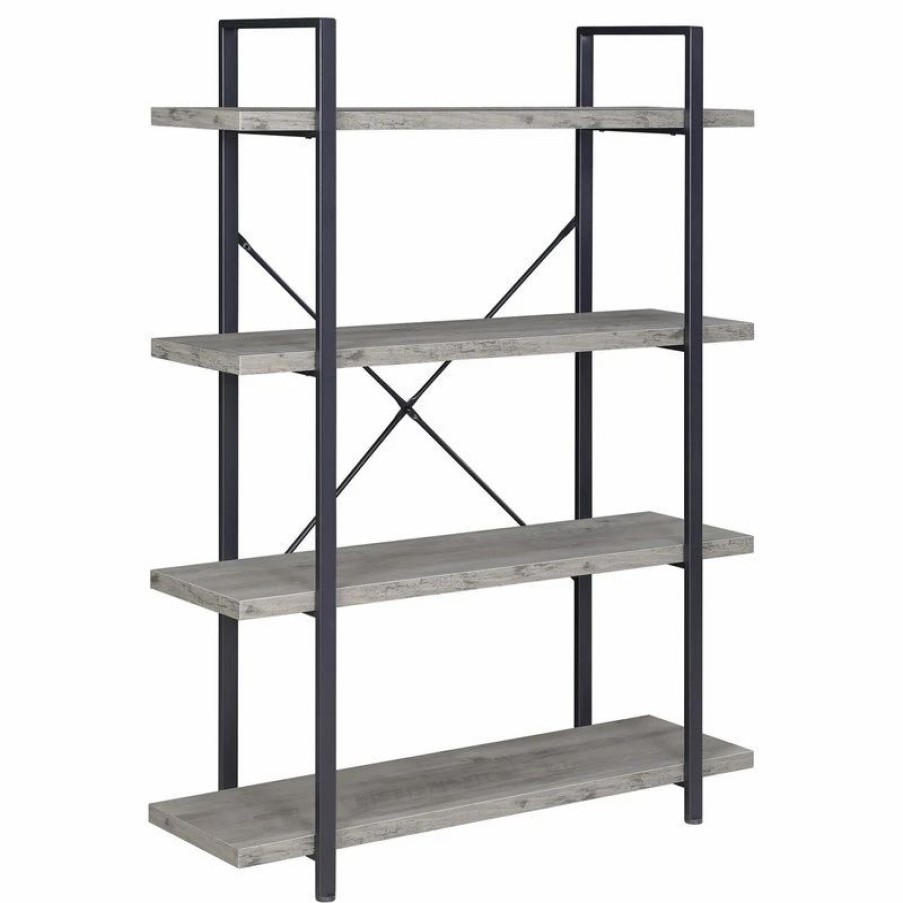 Shelving * | Belleze Industrial Bookcase Open Etagere Book Shelf Metal/Wood, Gray Wash, 4 Shelves