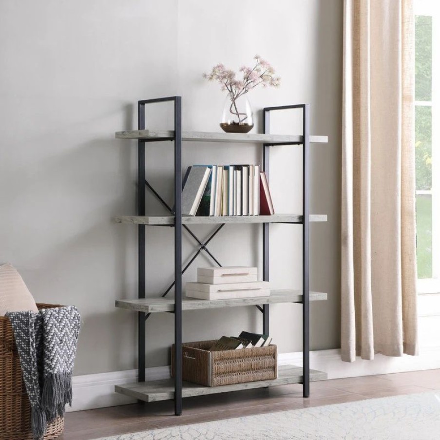 Shelving * | Belleze Industrial Bookcase Open Etagere Book Shelf Metal/Wood, Gray Wash, 4 Shelves