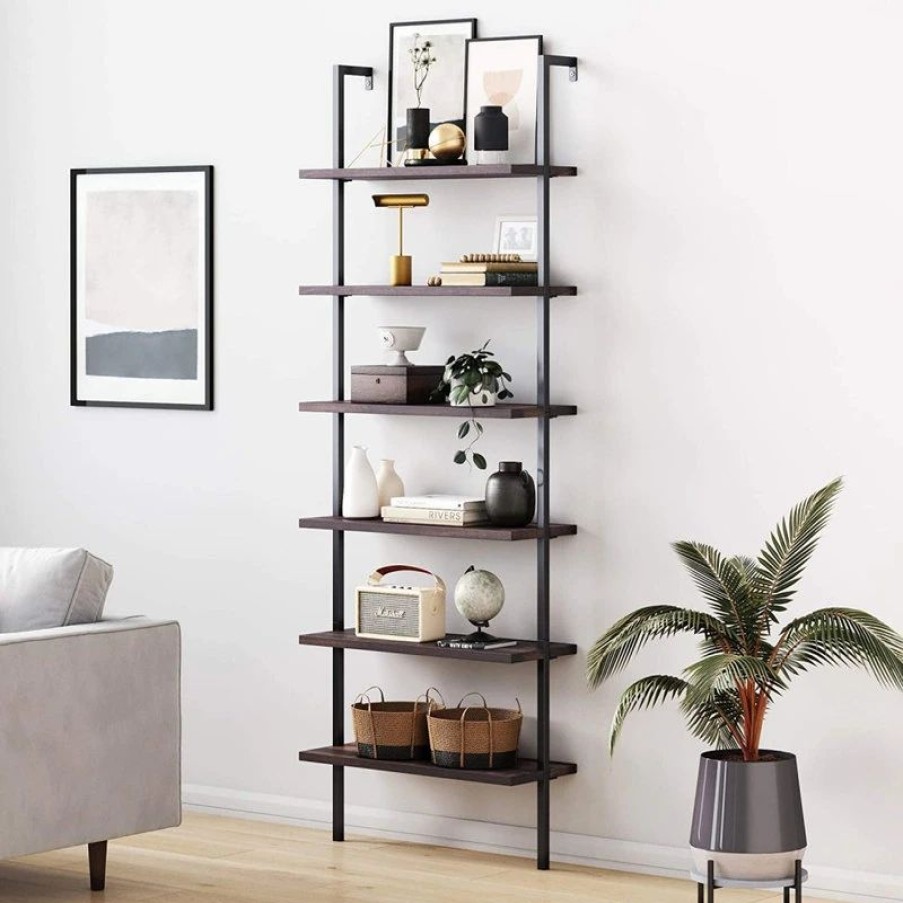 Shelving * | Decor Love Modern Industrial Wall Bookcase, Metal Frame & 6 Shelves, Nutmeg/Matte Black