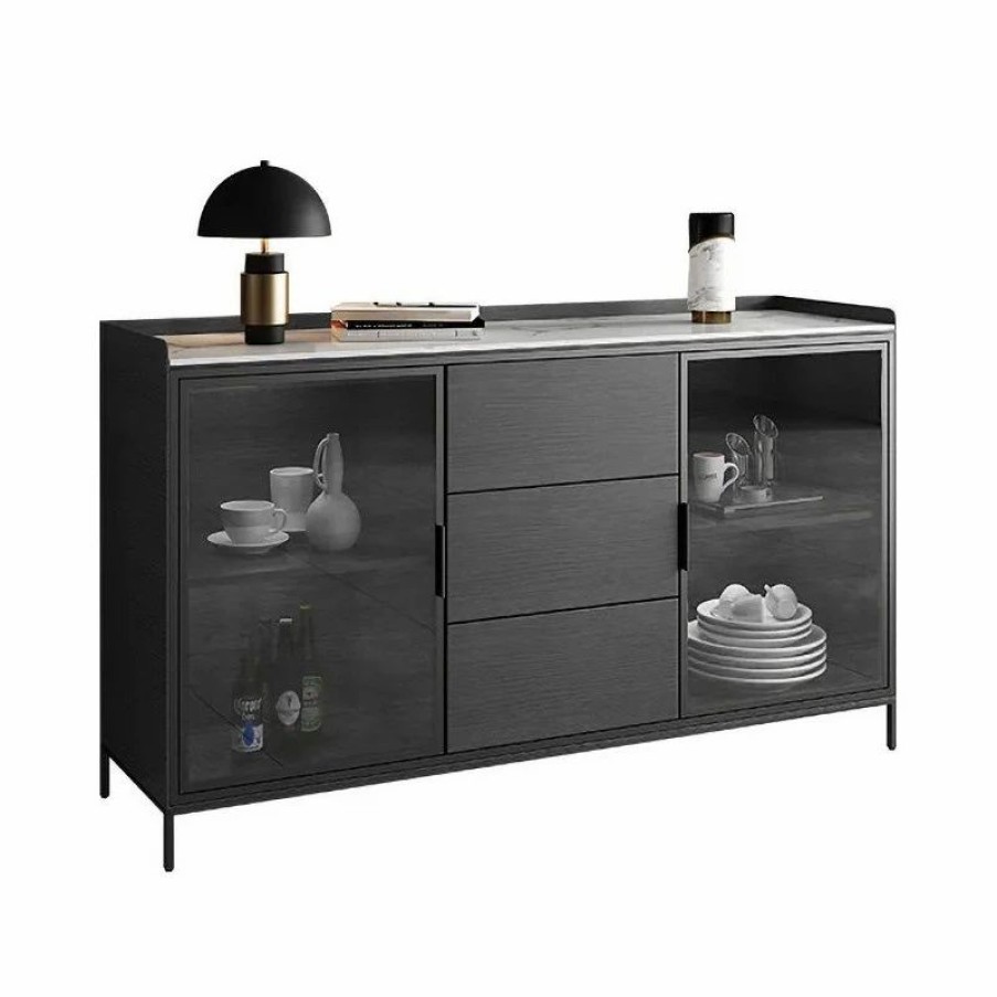 Buffets & Sideboards * | Homary 47 Black Sideboard Buffet Doors&Drawers Stone Top Modern Sideboard Cabinet