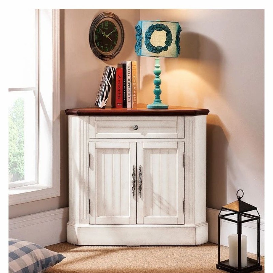 Accent Chests & Cabinets * | Homary Farmhouse Corner Accent Cabinet Distressed Triangle Cabinet With Doors White