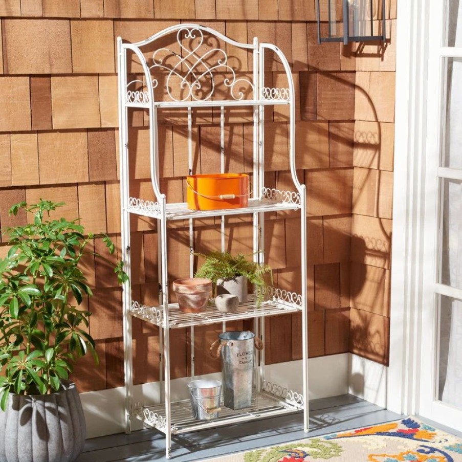 Shelving * | Safavieh Amaris Wrought Iron 4-Tier Outdoor Baker'S Rack, Antique White