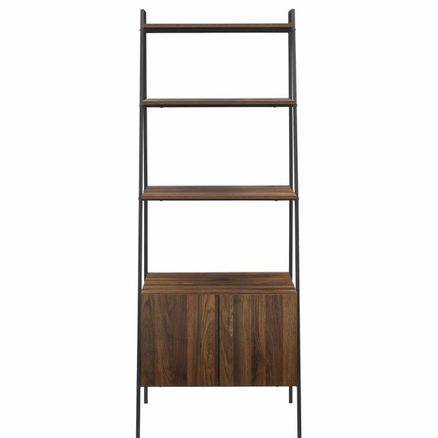 Shelving * | Walker Edison 72 Urban Industrial Metal And Wood Ladder Storage With Cabinet, Dark Walnut