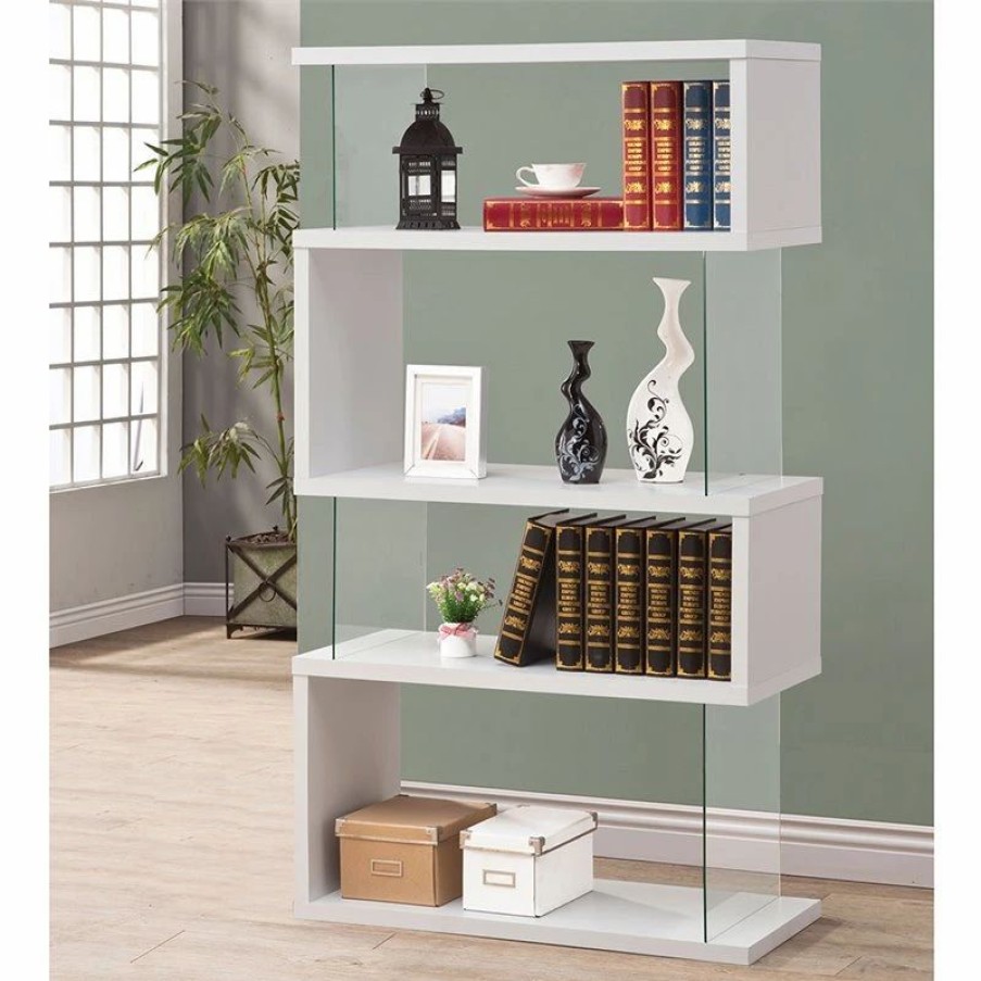 Shelving * | Coaster Home Furnishings Coaster 4 Shelf Asymmetrical Snaking Bookcase In Glossy White