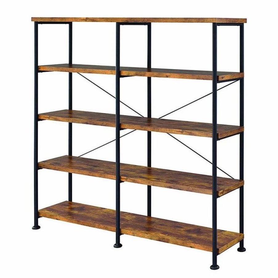 Shelving * | Benjara 14.25 4-Shelf Modern Metal And Wood Bookcase In Brown And Black