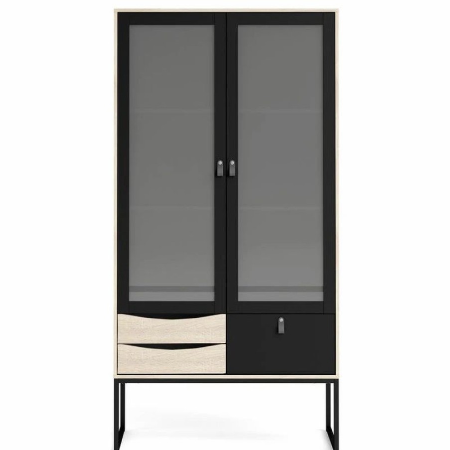 China Cabinets & Hutches * | Tvilum Stubbe 2 Glass Door China Cabinet With 3 Drawers, Black Matte/Oak Structure