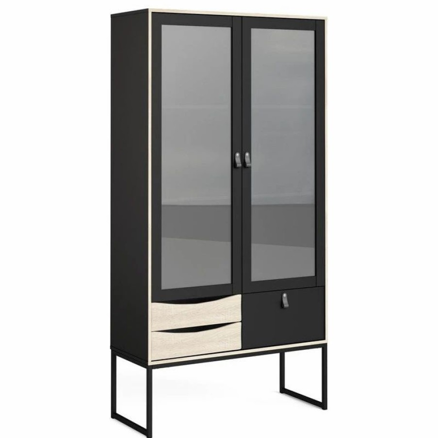 China Cabinets & Hutches * | Tvilum Stubbe 2 Glass Door China Cabinet With 3 Drawers, Black Matte/Oak Structure