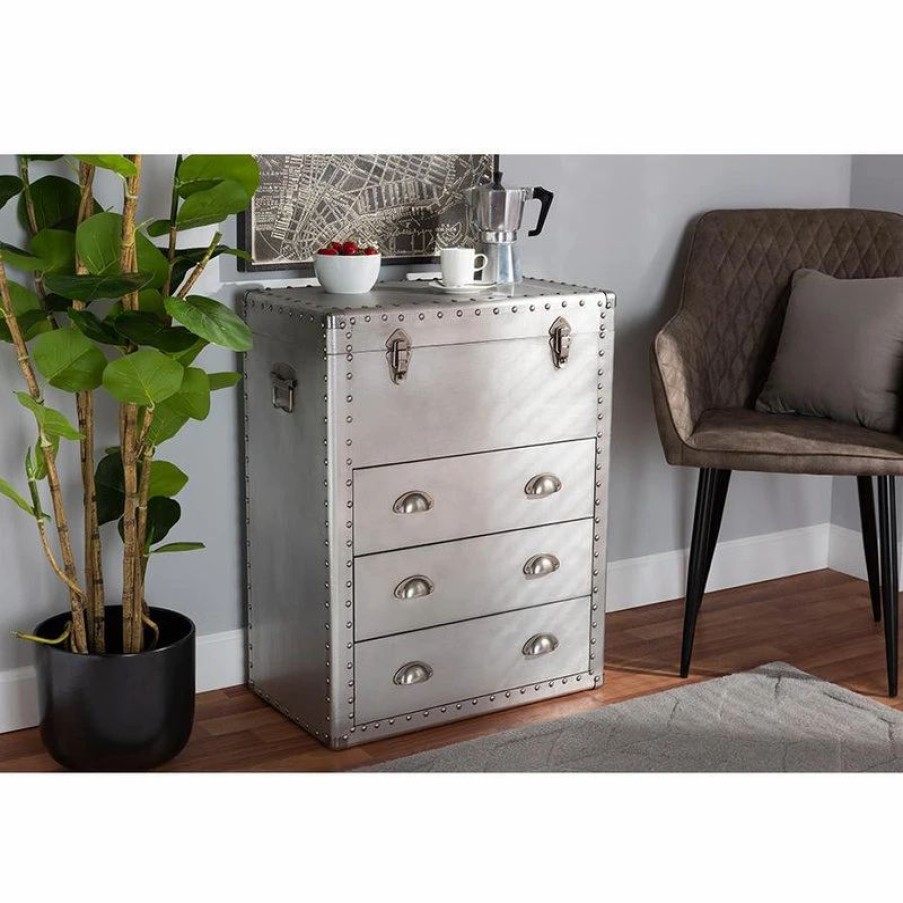 Accent Chests & Cabinets * | Baxton Studio Serge French Industrial Silver Metal 3-Drawer Accent Storage Chest