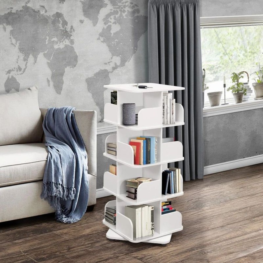 Shelving * | Pilaster Designs Oneonta Revolving Bookcase Tower Display Unit, Wood, White, 4 Tier