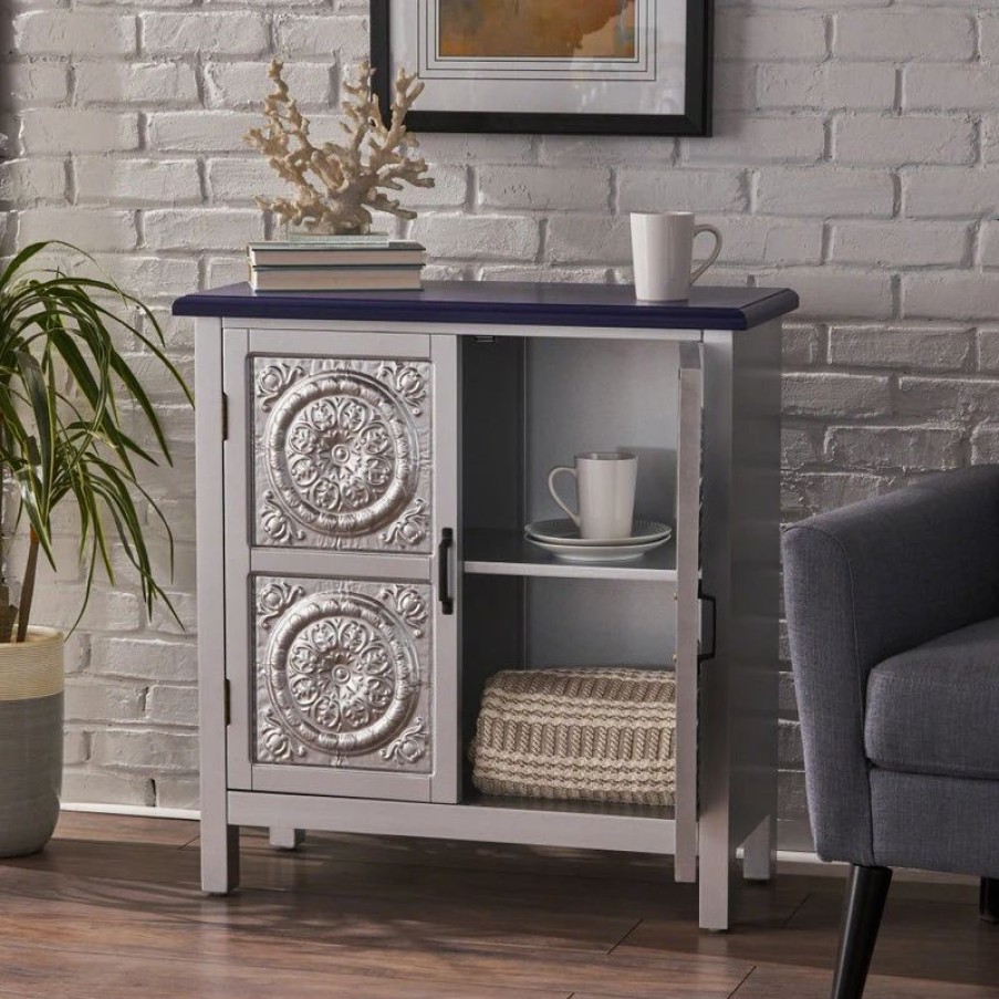 Accent Chests & Cabinets * | Gdfstudio Gdf Studio Aliana Shabby Painted Accent Cabinet, Silver/Navy Blue