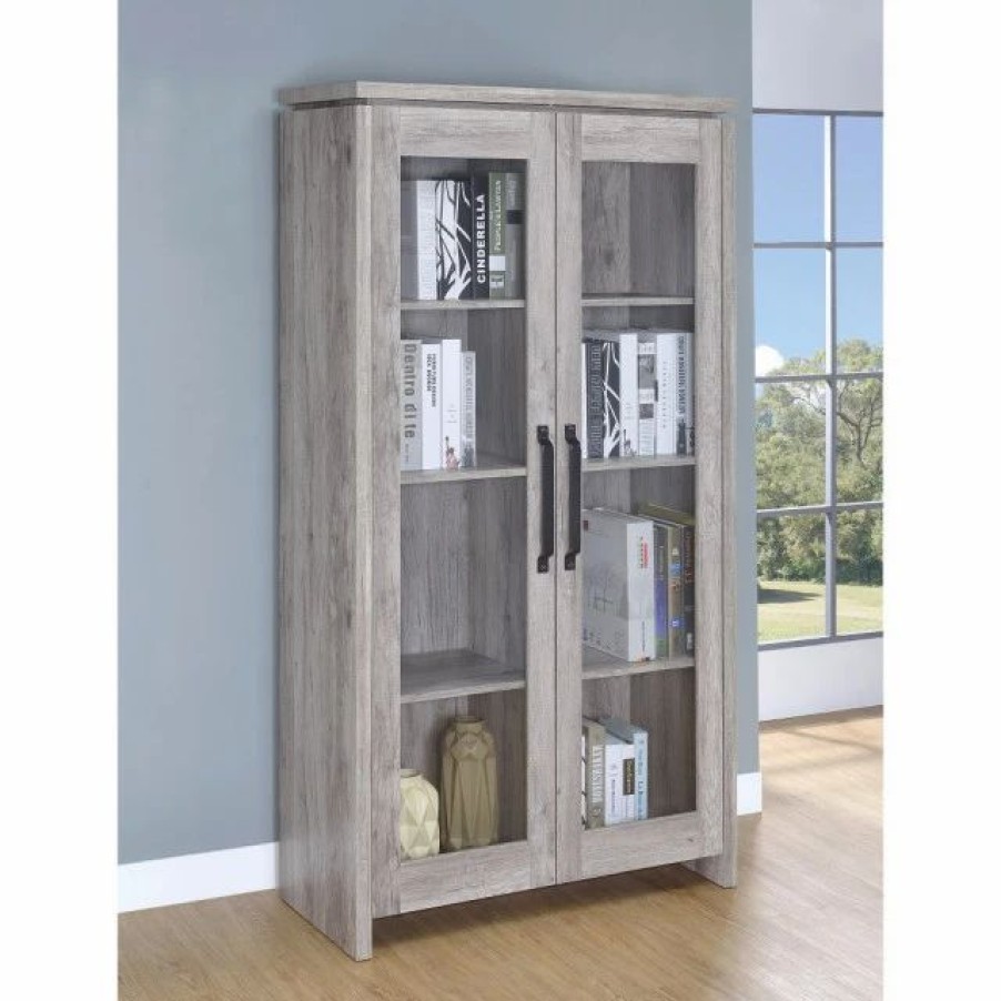 China Cabinets & Hutches * | Benzara, Woodland Imprts, The Urban Port Spacious Wooden Curio Cabinet With Two Glass Doors, Gray