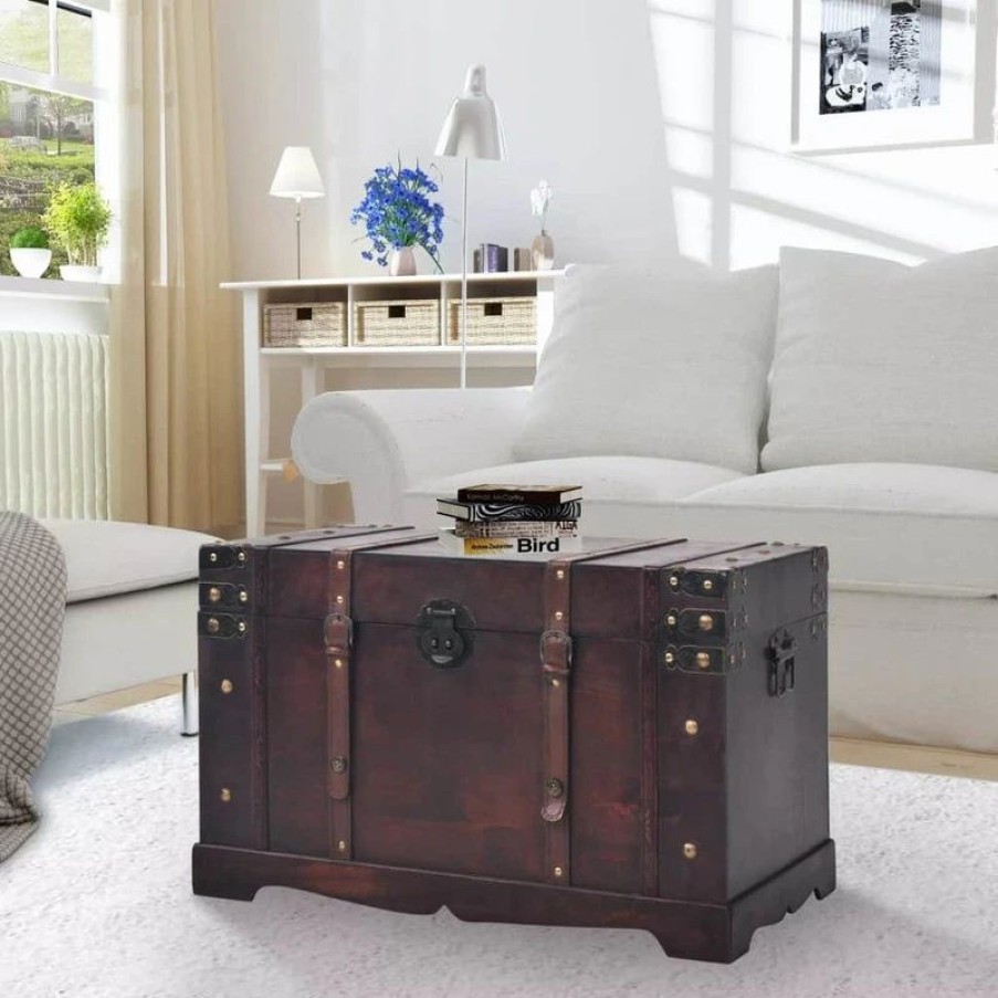 Accent Chests & Cabinets * | Vida Xl International B.V. Vidaxl Vintage Treasure Chest Wood Storage Trunk Organizer Box Side Stand