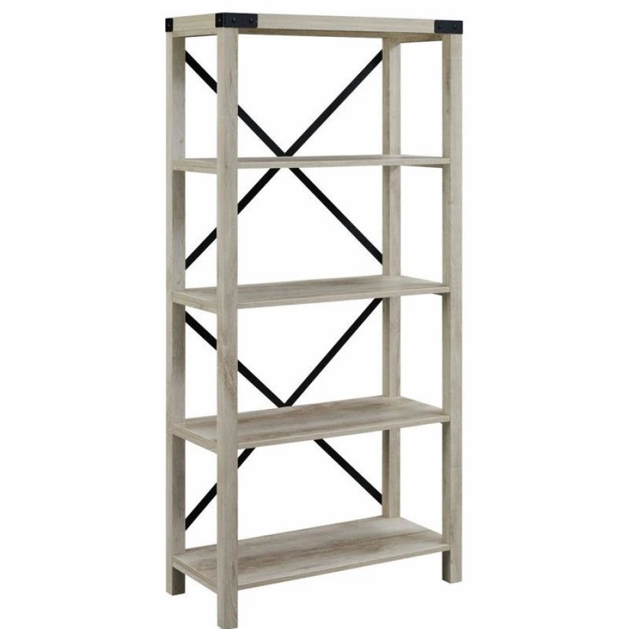 Shelving * | Walker Edison 64 Farmhouse Metal X Bookshelf Grey Wash