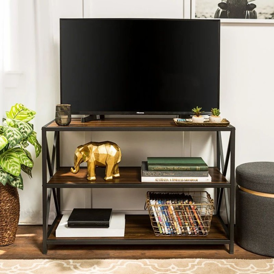 Shelving * | Walker Edison Furniture Company 40 X-Frame Metal And Wood Media Bookshelf, Dark Walnut