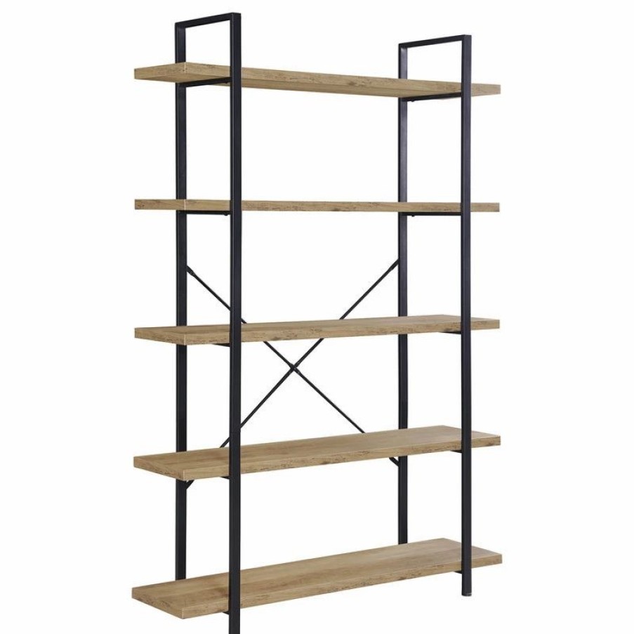 Shelving * | Belleze Industrial Bookcase Open Etagere Book Shelf Metal/Wood, Rustic Oak, 5 Shelves