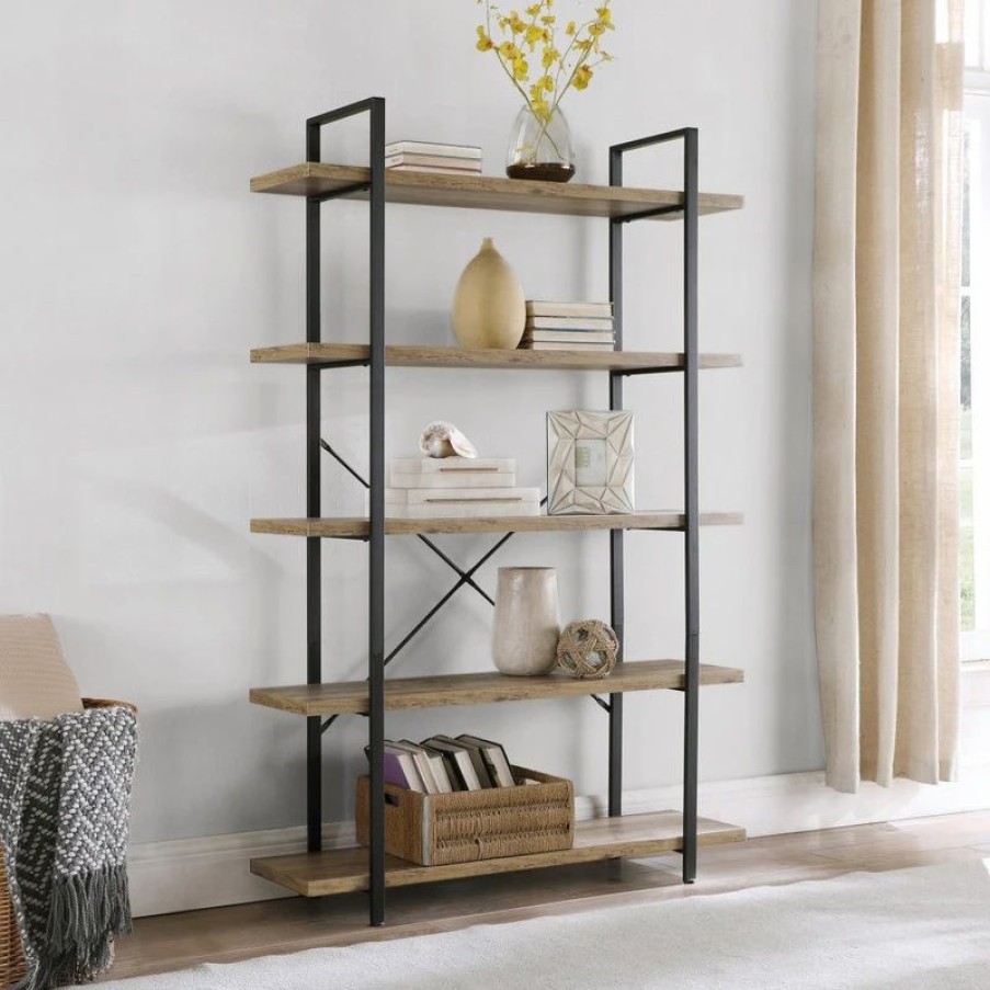 Shelving * | Belleze Industrial Bookcase Open Etagere Book Shelf Metal/Wood, Rustic Oak, 5 Shelves