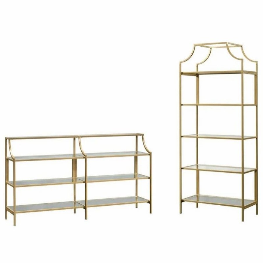 Shelving * | Home Square 2 Piece Bookcase And Console Table Set In Satin Gold