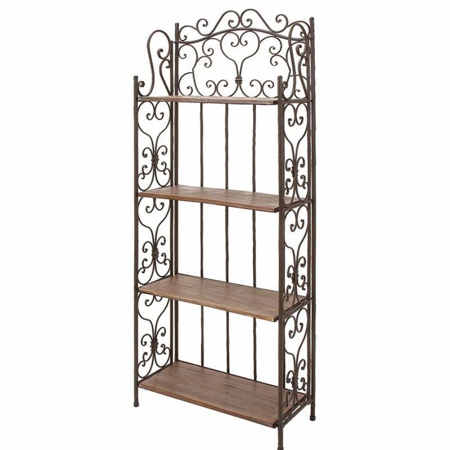 Shelving * | Decor Love Rustic Bakers Rack, Metal Frame With Unique Scrollwork And 4 Wooden Shelves