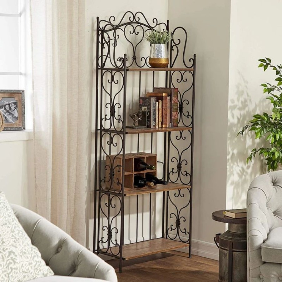 Shelving * | Decor Love Rustic Bakers Rack, Metal Frame With Unique Scrollwork And 4 Wooden Shelves