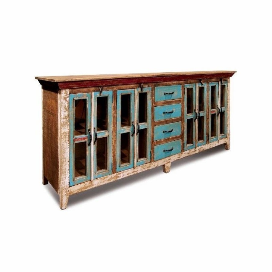 Buffets & Sideboards * | Crafters And Weavers La Boca Rustic Distressed Solid Wood Sideboard, Curio Cabinet. Glass-Doors