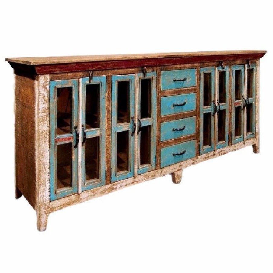 Buffets & Sideboards * | Crafters And Weavers La Boca Rustic Distressed Solid Wood Sideboard, Curio Cabinet. Glass-Doors