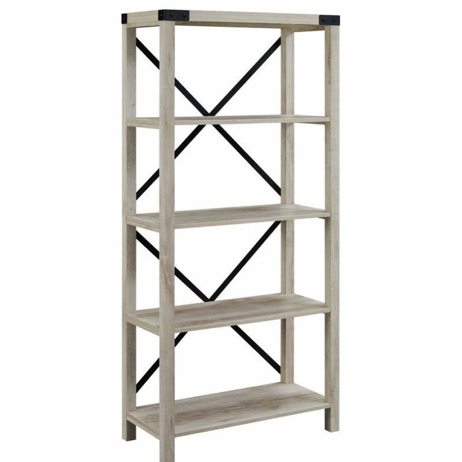 Shelving * | Walker Edison 64 Farmhouse Metal X Bookcase, White Oak