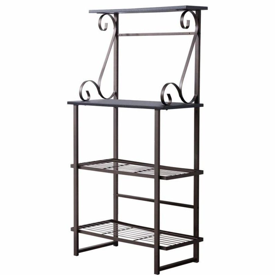 Shelving * | Pilaster Designs Kalamazoo 4 Tier Free Standing Kitchen Bakers Rack, Pewter Metal/Black Wood