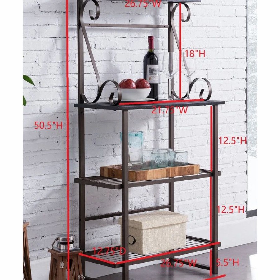 Shelving * | Pilaster Designs Kalamazoo 4 Tier Free Standing Kitchen Bakers Rack, Pewter Metal/Black Wood