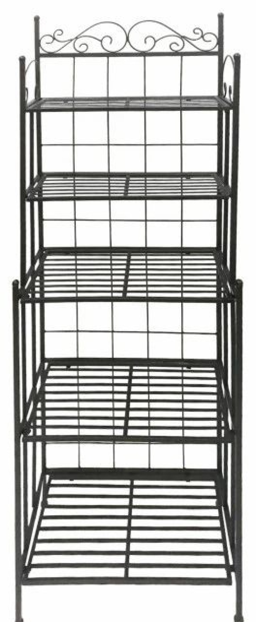 Shelving * | Benzara, Woodland Imprts, The Urban Port 5 Tier Storage Metal Bakers Rack With Scrollwork Top, Gunmetal Gray