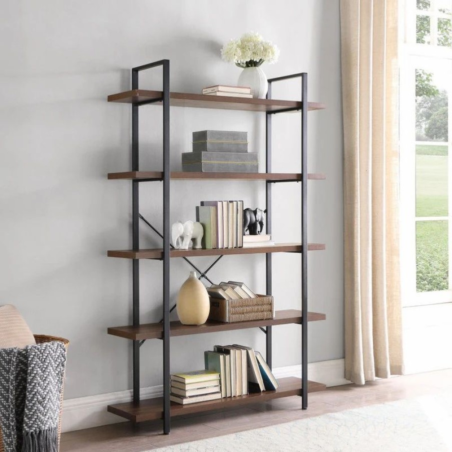 Shelving * | Belleze Industrial Bookcase Open Etagere Book Shelf Metal/Wood, Dark Walnut, 5 Shelves