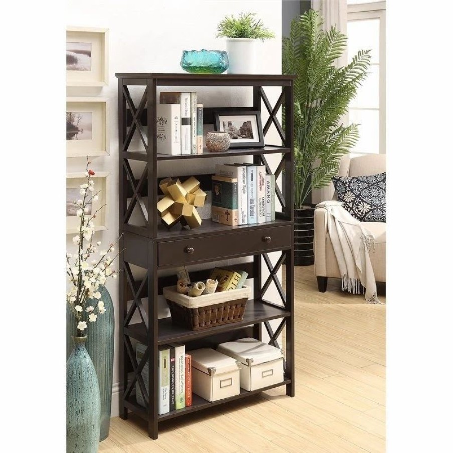 Shelving * | Convenience Concepts Oxford Five-Tier Bookcase With Drawer In Espresso Wood