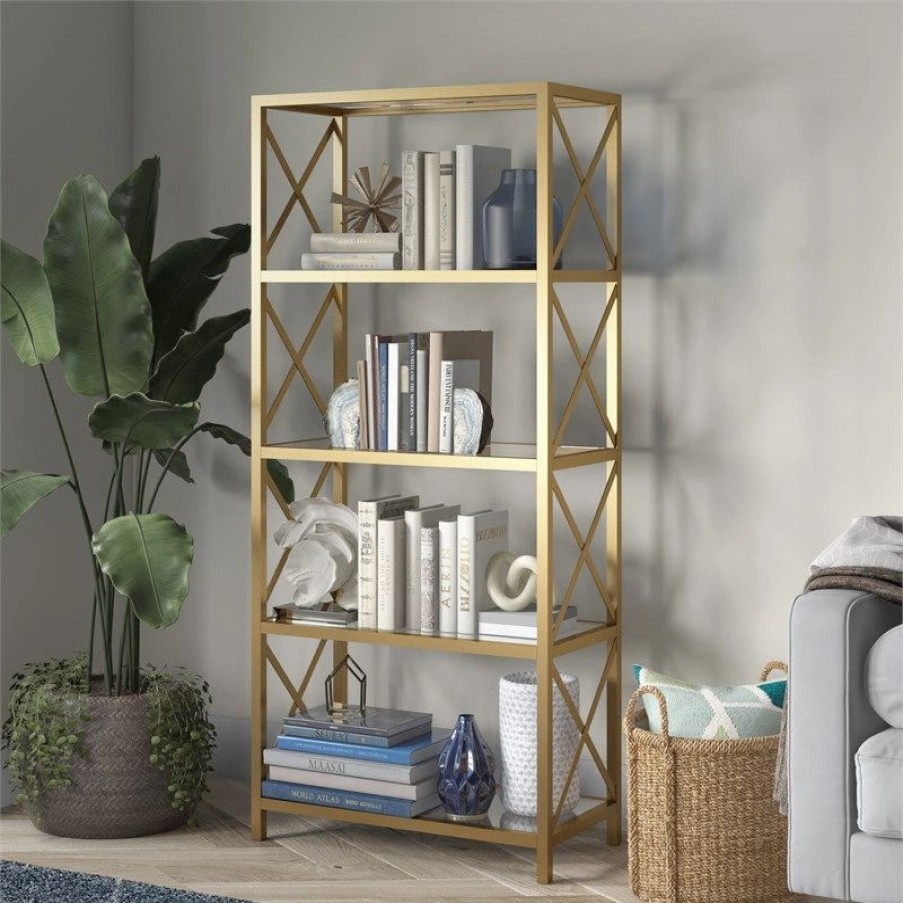 Shelving * | Henn&Hart 66 4 Tier Bookcase Brushed Brass Gold Finish