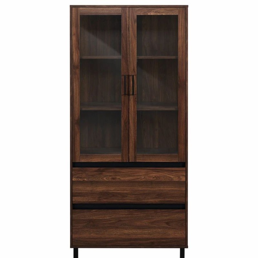 China Cabinets & Hutches * | Walker Edison Clark 68 Glass Door Storage Hutch Dark Walnut